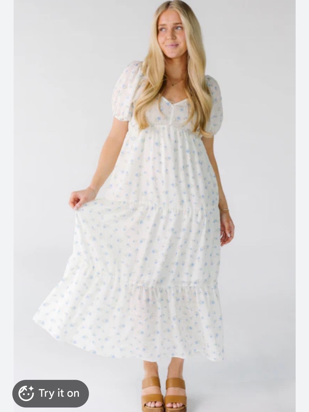 Women’s White Floral Maxi Dress with Puff Sleeves